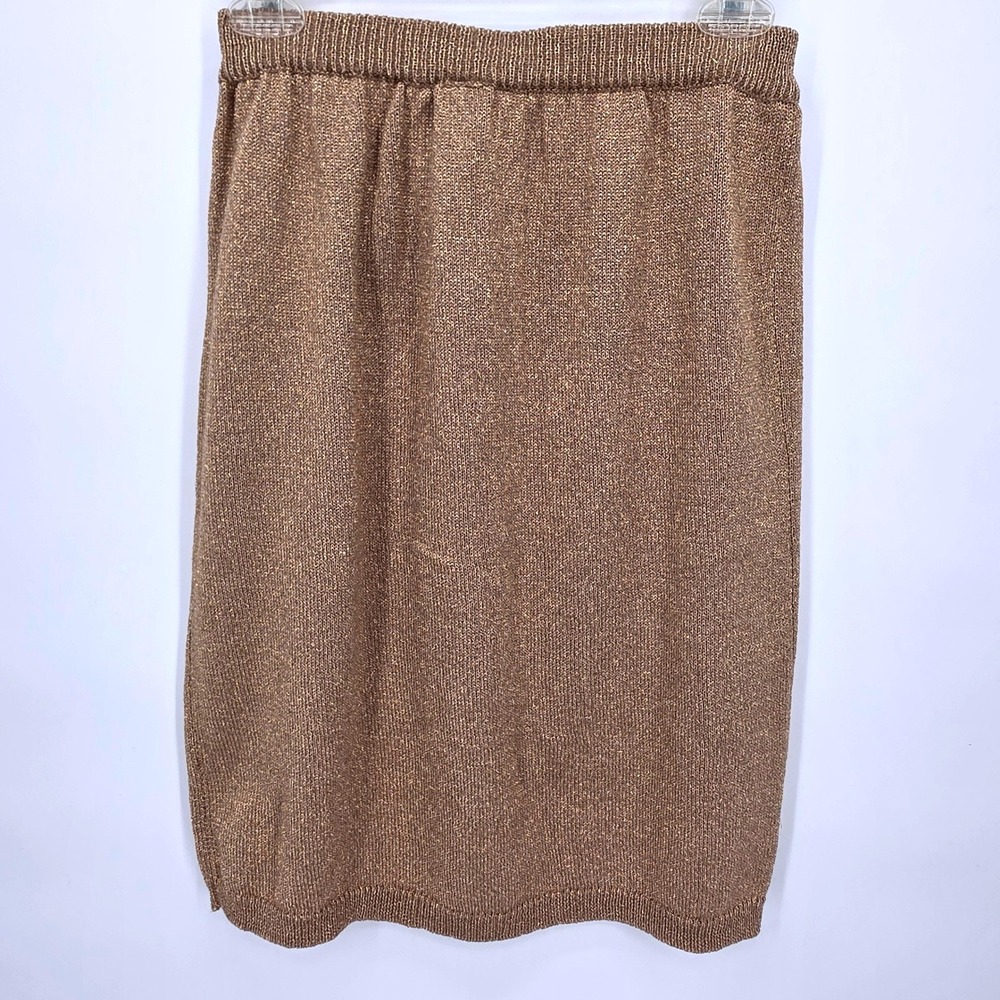 Jeanne Pierre Metallic Knit‎ Midi Skirt Gold Sparkle Pull On Elastic Waist